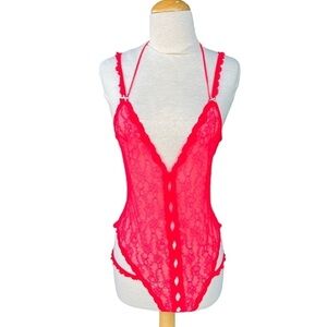 Victoria’s Secret Red Lace Teddy Peek-A-Boo Sheer Deep V Halter Large NWT 2014